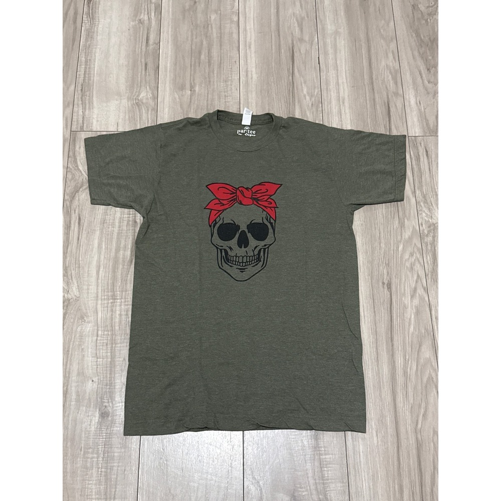 Par-Tee Designs Skull Red Bandana Graphic Tee Olive Green Heathered T-Shirt M